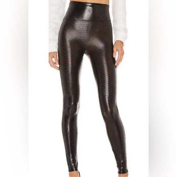 SPANX Faux Leather Croc Leggings. Size Large. EUC-Like New! Shiny Brown/Black - Picture 1 of 7